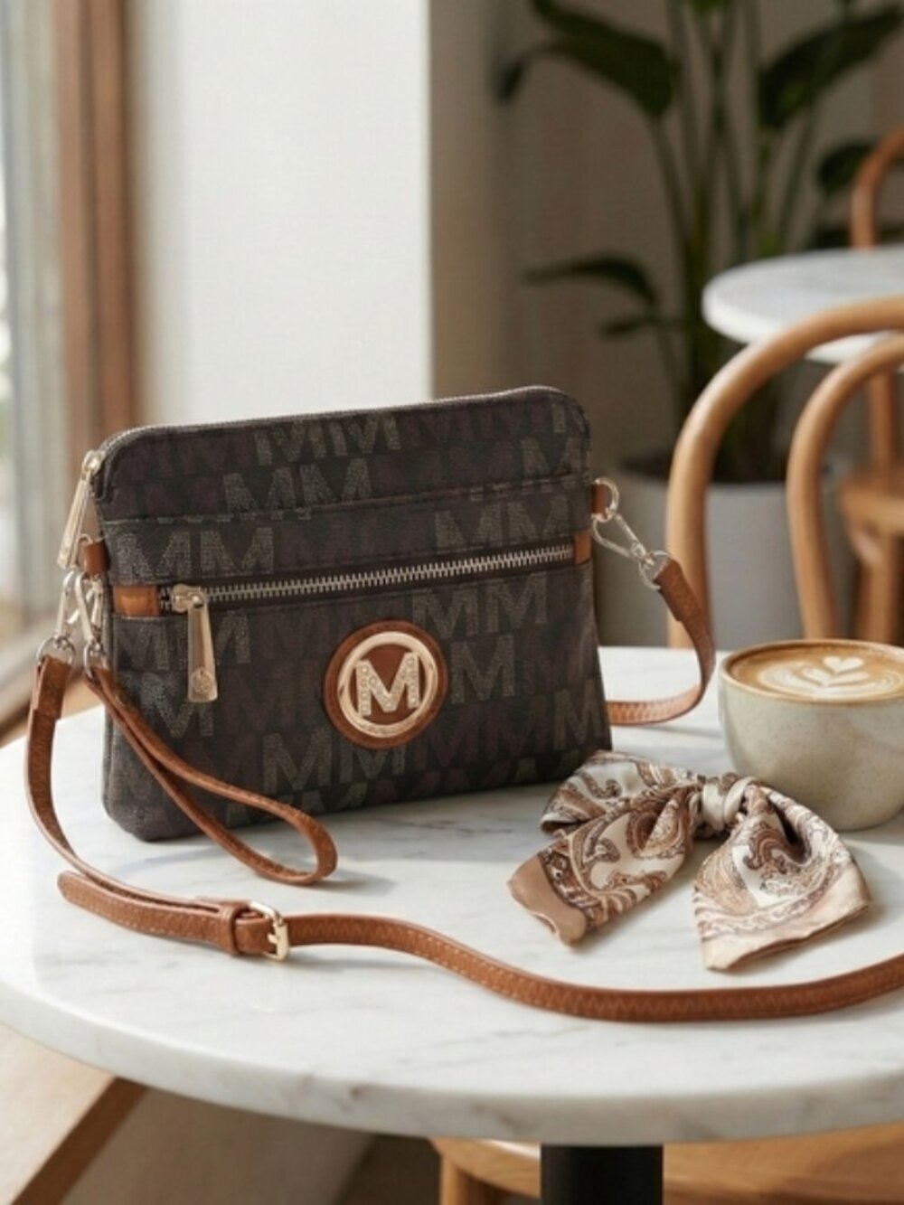 MKF Collection Heidi Monogram Crossbody Bag Wristlet Wallet Brown Vegan Leather - Picture 6 of 13